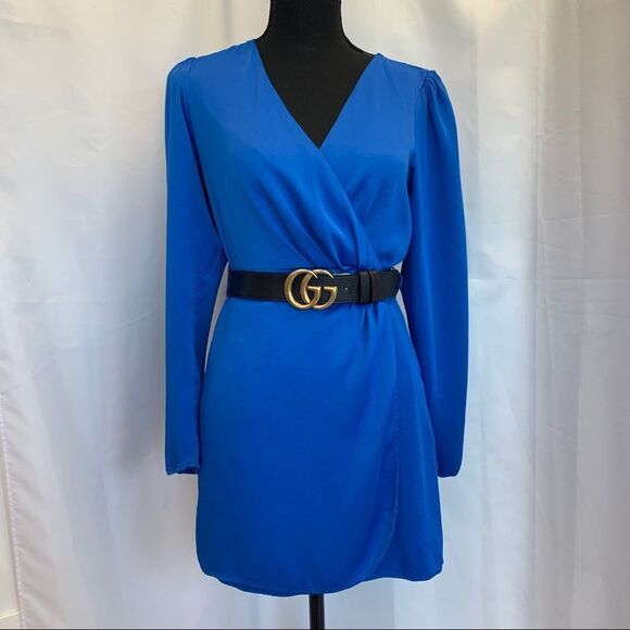 Zara blue v-neck wrap front long sleeve satin effect dress Sz M - Picture 10 of 11